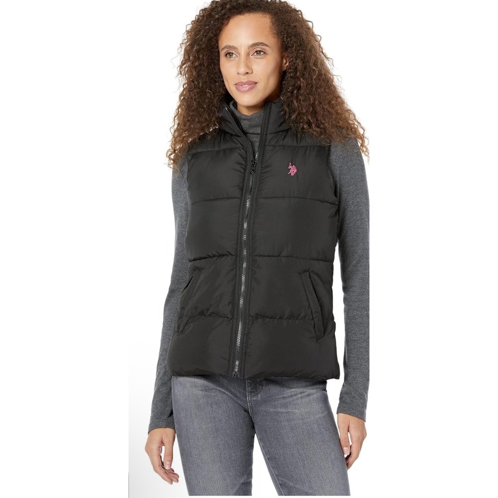 U.S. Polo Assn Puffer Vest Women Medium Black Quilted Pink Logo Zip Equestrian